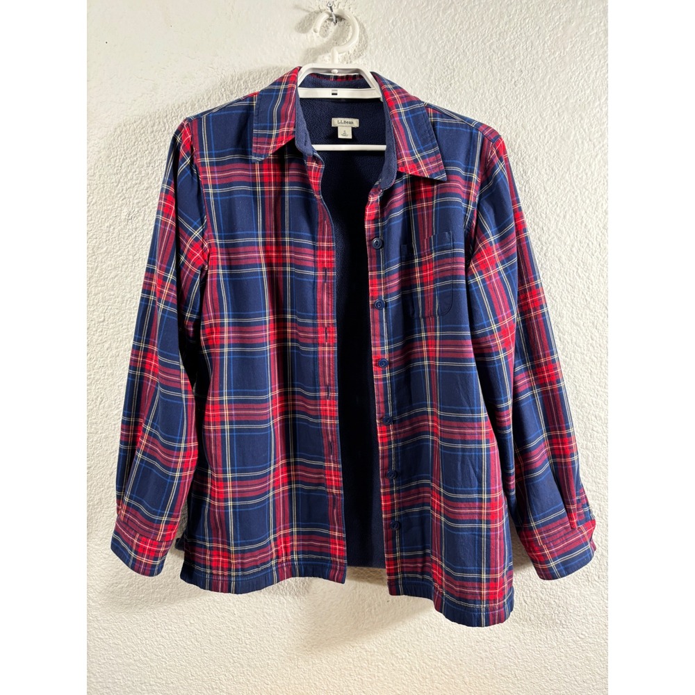 LL Bean Fleece Lined Flannel Shirt Women S Blue Red Excellent Plaid Button Up